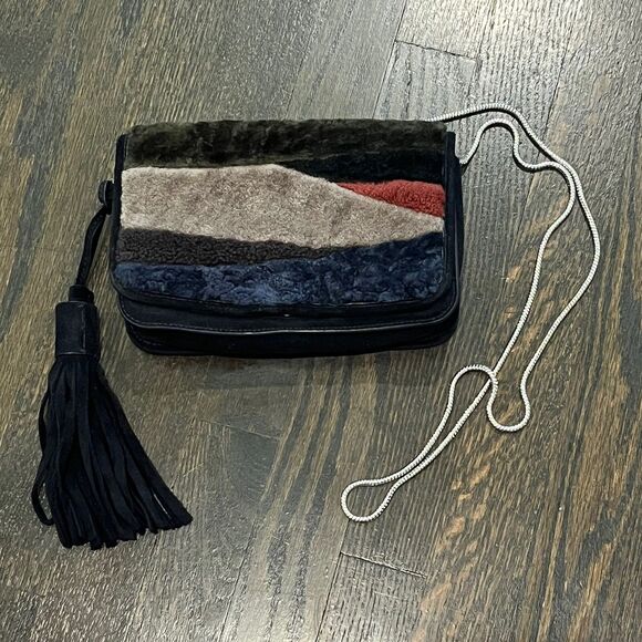 All Saints Purse Bando Shoulder Crossbody Shearling Bag Colorblock‎ Tassel - Picture 1 of 9